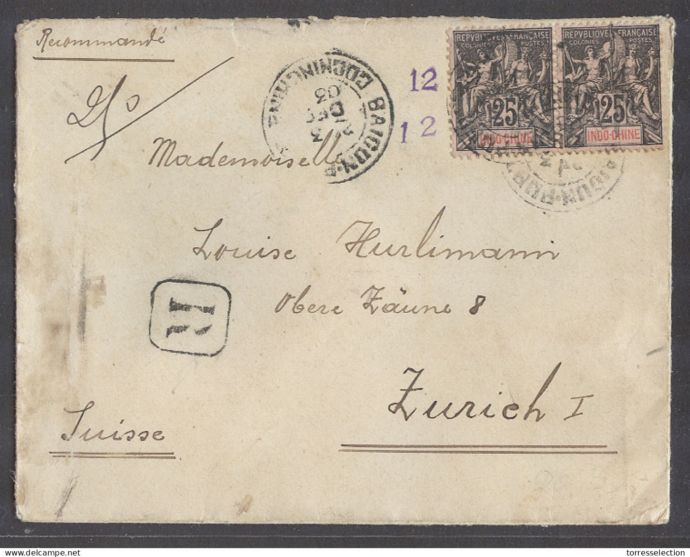 INDOCHINA. 1903 (3 Dec). Saigon Port - Switzerland, Zurich (22 Jan 04). Reg Fkd Env 50c Rate Aux 12rs. - Altri - Asia