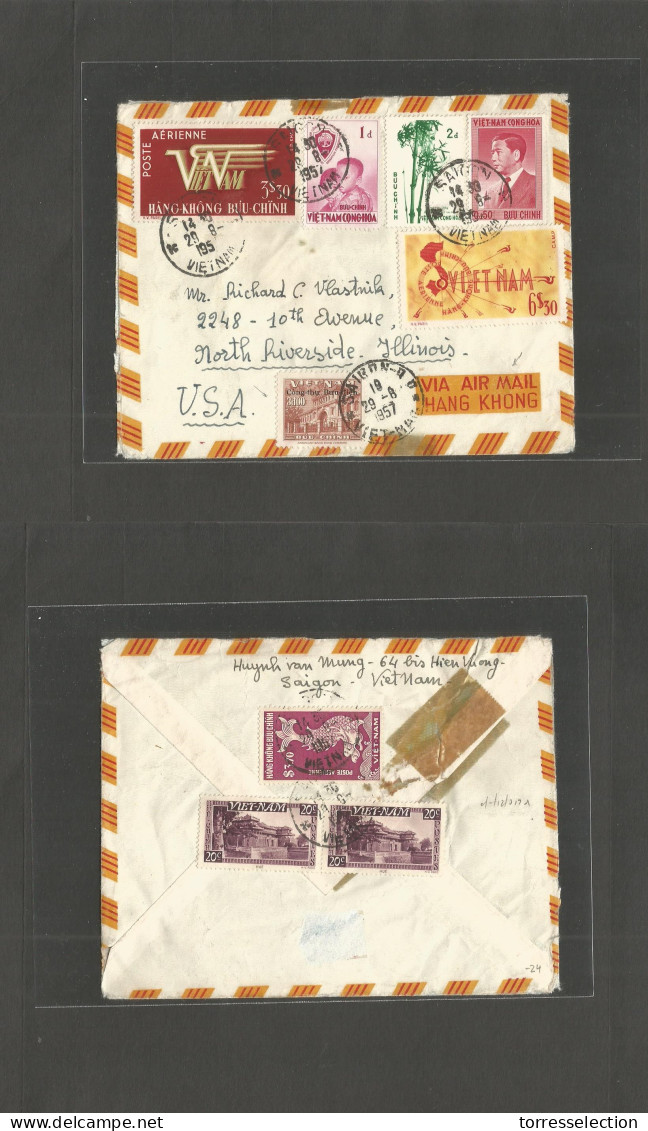 INDOCHINA. 1957 (29 Aug) Saigon - USA, ILL, North Riverside. Air Multifkd Front + Reverse Envelope Via Hong Kong. - Altri - Asia