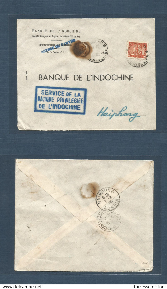 INDOCHINA. 1940 (3 Febr) Cantho - Haiphong (7 Feb) Local Fkd Env + "Service De La Banque Privilegie De L'Indochina" (avo - Altri - Asia