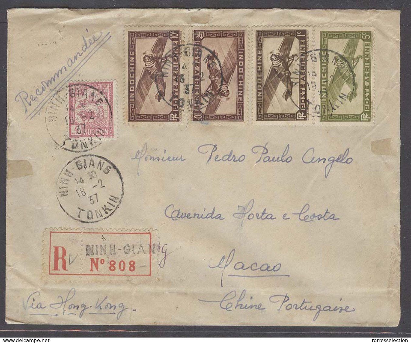 INDOCHINA. 1937 (18 Feb). Ninh Giang - Macau, Portuguese China (28 Feb). Via Haiphong- Hanoi - HK. Air Stamps. - Autres - Asie