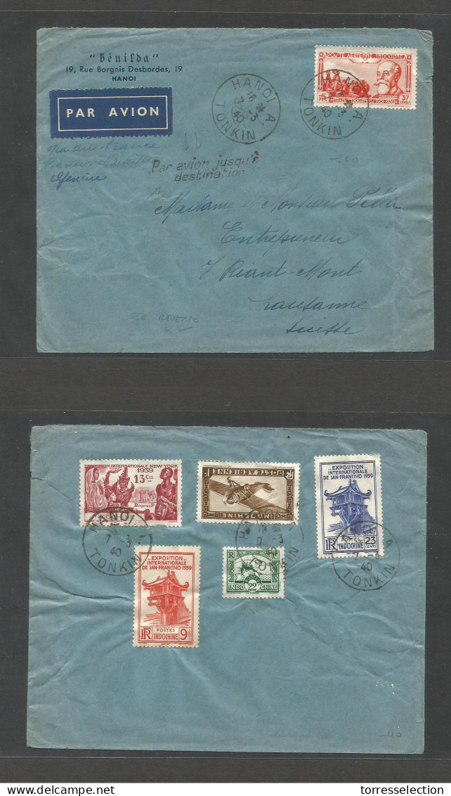 INDOCHINA. 1940 (7 March) Haboi - Switzerland, Laussane. Air Multifkd Front + Reverse (6 Stamps) + Air Cachet "Par Avion - Altri - Asia