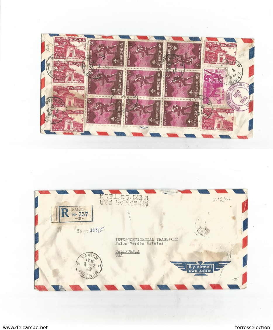 INDOCHINA. 1962 (3 Dec) Vietnam. Saigon - USA, SF, Palos Verdes Peninsula, CA (7 Dec) Registered Reverse Airmail Multifk - Altri - Asia