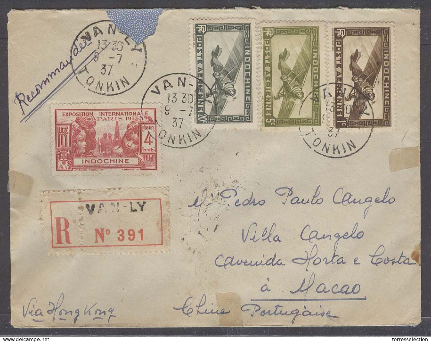 INDOCHINA. 1937 (9 July). Vanly - Macau, Portuguese China (17 July). Via HK - Haiphong - Nam - Dinn. Reg Multifkd Air Us - Altri - Asia