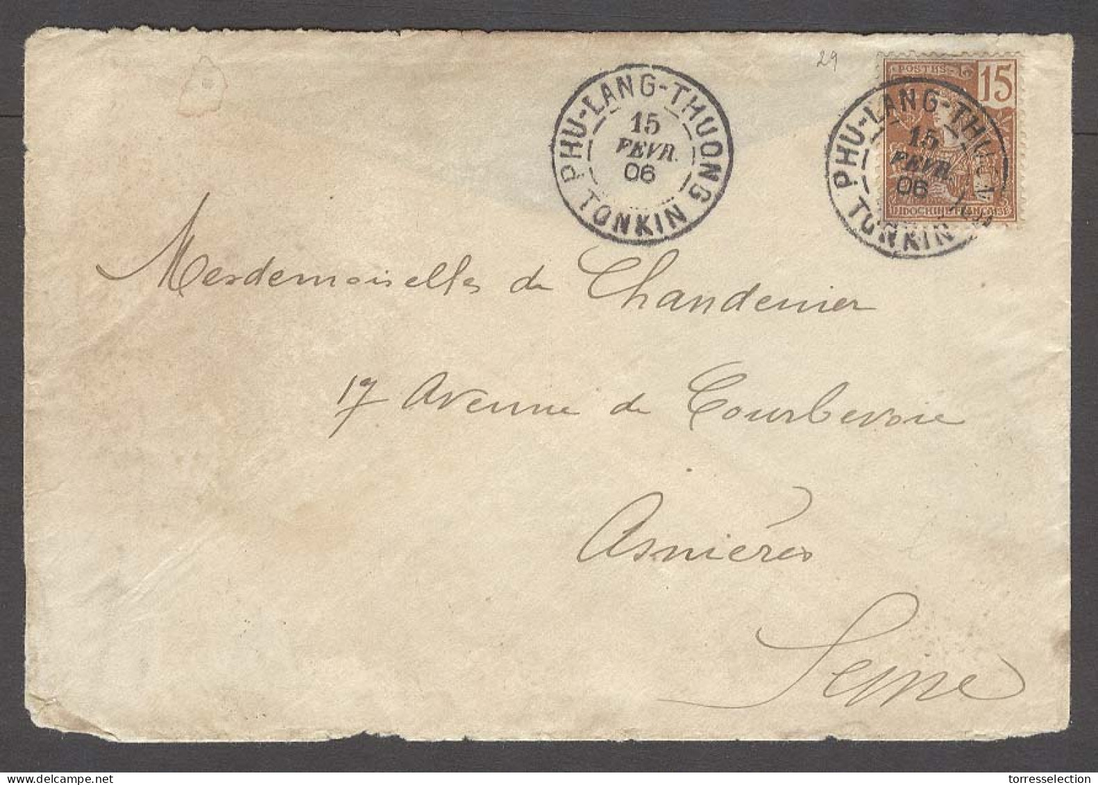 INDOCHINA. 1906 (15 Feb). Phu Lang Thuong - France. Fkd Env / 15c Brown. Scarce Town Cds And VF. - Altri - Asia
