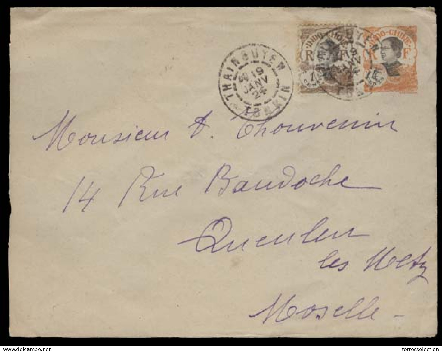 INDOCHINA. 1924 (19 Jan). Thainbuyen - France. 4c Stat Env + 1c Adtl / Cds. Fine. Nice Cds. - Altri - Asia
