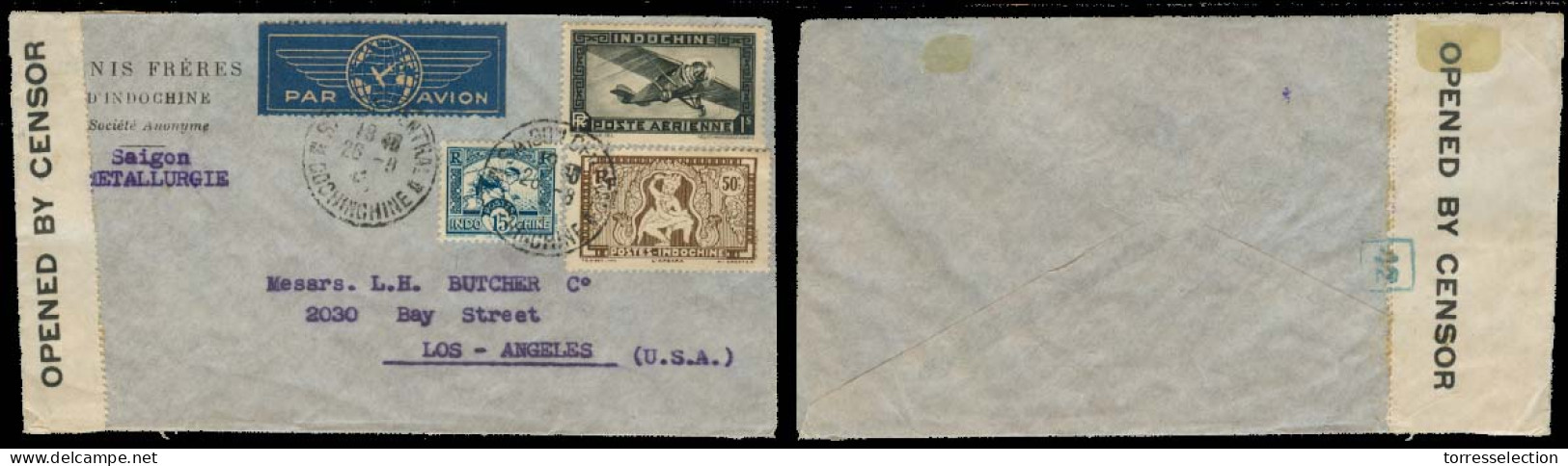 INDOCHINA. 1941 (26 Aug). Saigon - USA / LA. Air Fkd Env Via Hong Kong / British Censored. Fine + Scarce. Tied 42. - Autres - Asie