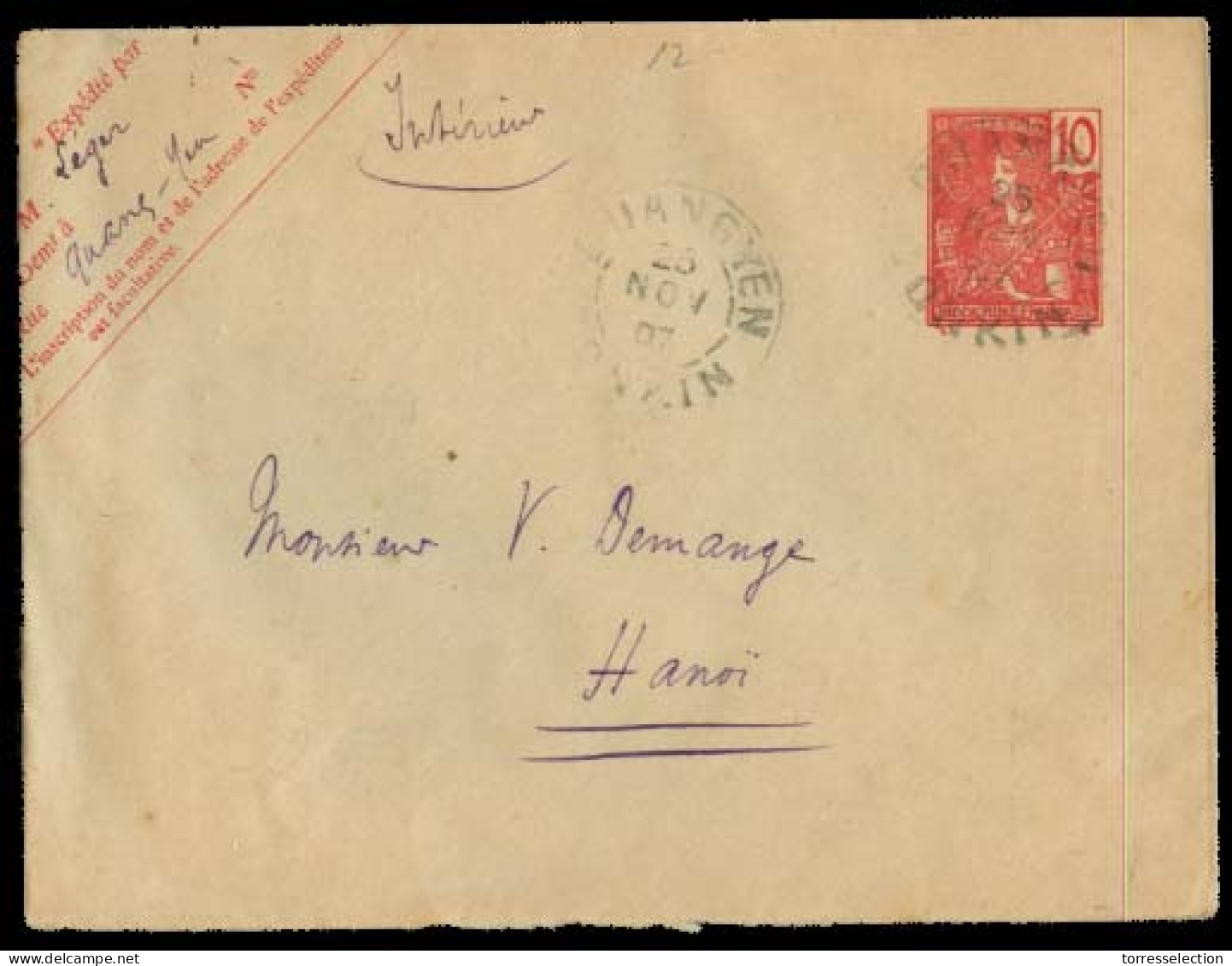 INDOCHINA. 1907 (26 Nov). Quang - Yen - Hanoi. 10c Red Stat Env Local Usage. Reverse Haiphong Cds. - Autres - Asie