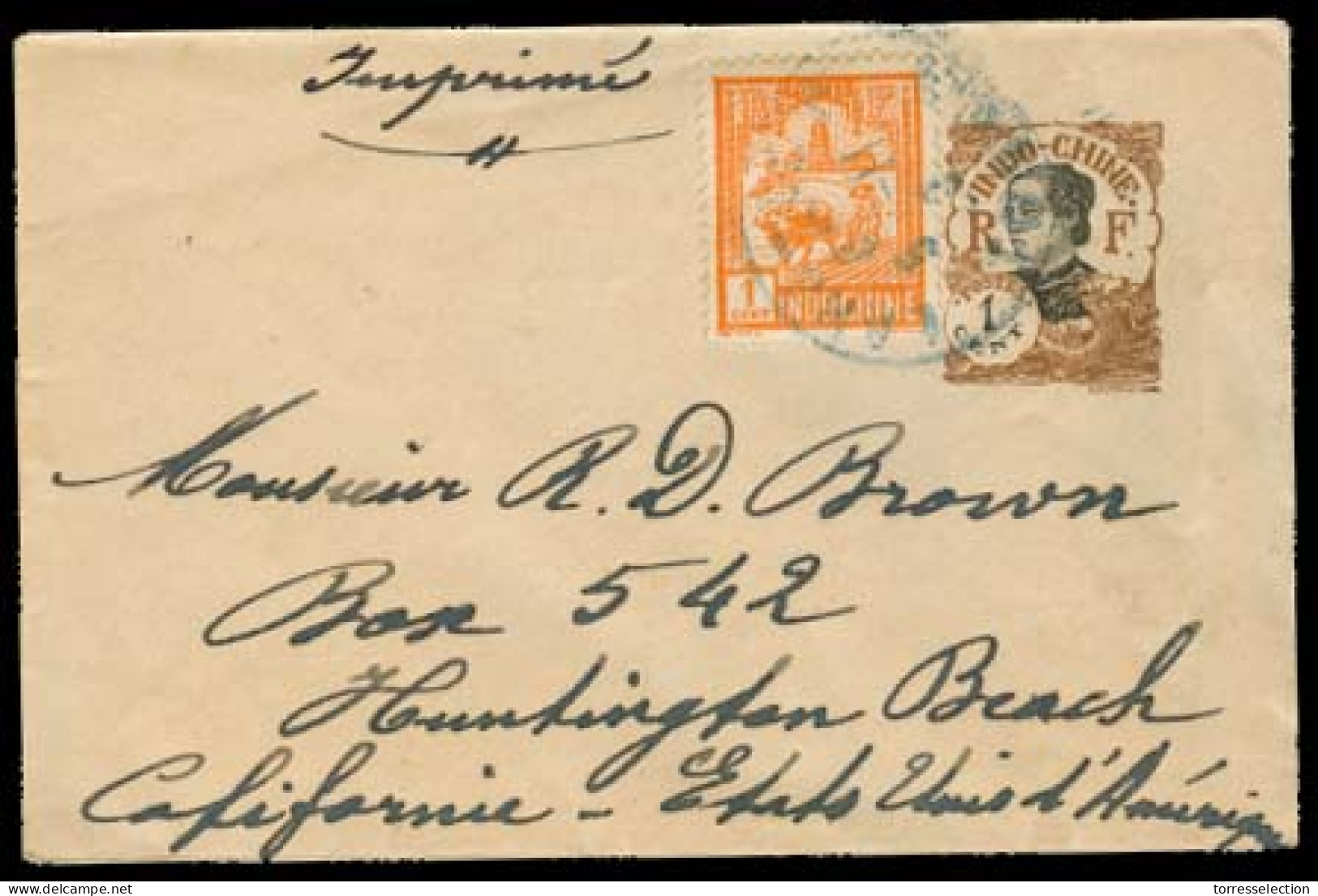 INDOCHINA. 1929 (Nov). Hanoi - USA. 1c Stat Env + Adtl. Sent As PM Rate V Scarce. Reverse Langson A Hanoi Ambulant Cds.  - Autres - Asie