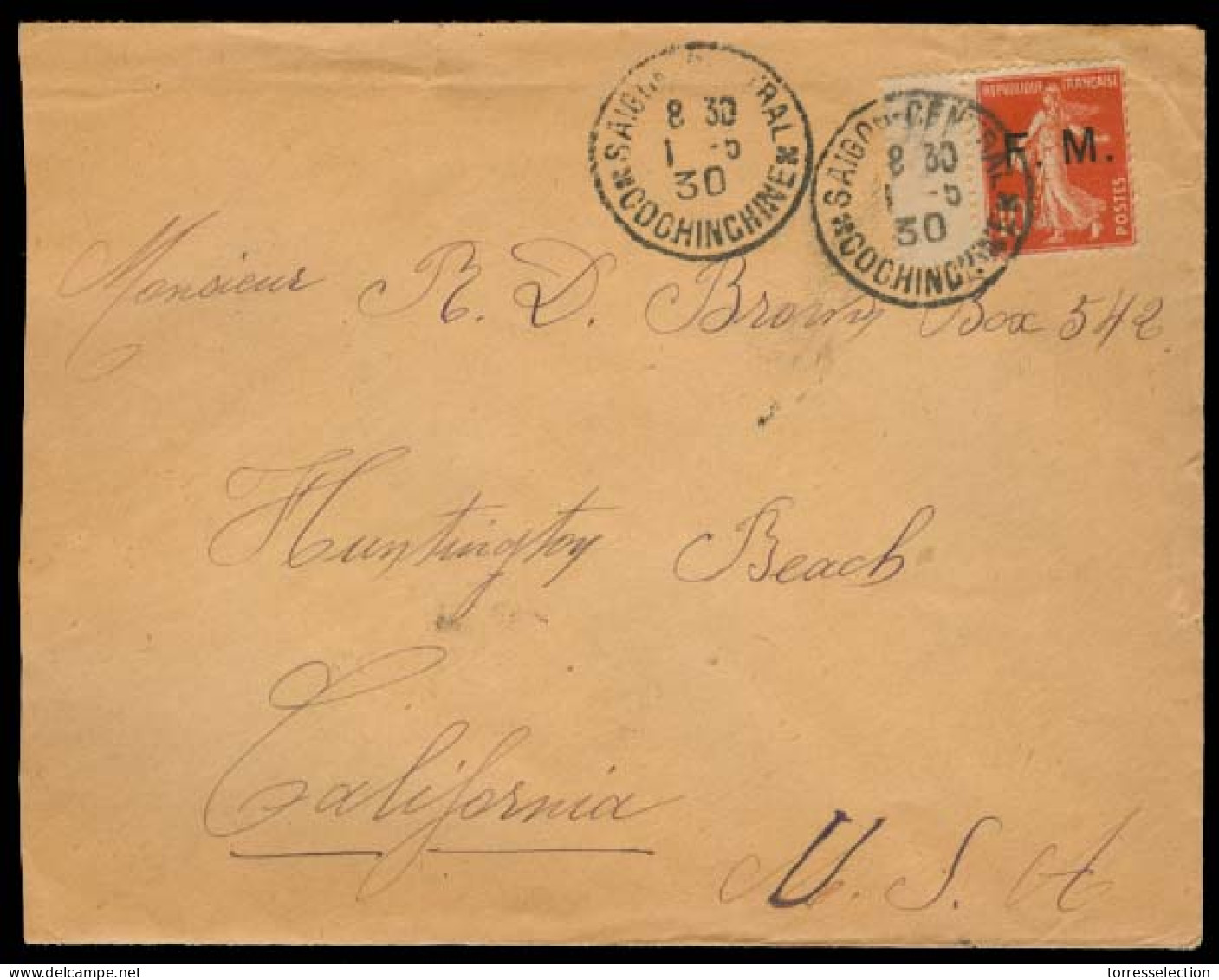 INDOCHINA. 1930 (1 May). Saigon - USA. Military Franchise FM Ovptd Fkd Env Cds Officer Address On Reverse. Scarce. - Autres - Asie
