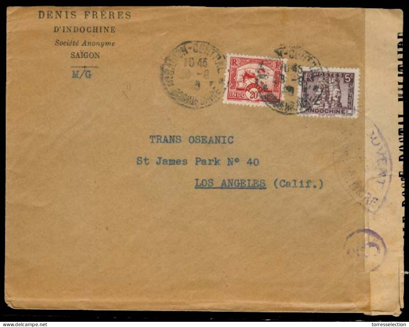 INDOCHINA. 1940 (23 June). Saigon - USA. Fkd Local Censored Env 5 In Violet Circle Indochina Cachet. - Autres - Asie