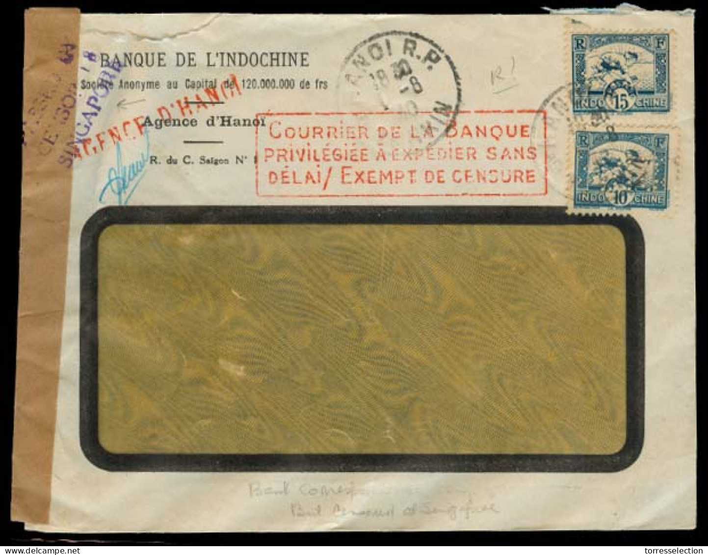 INDOCHINA. 1940 (1 Aug). Hanoi - India (4 Sept). Via Singapore. Air Fkd Perfin Env French Censor Exemption Red Cachet Si - Autres - Asie