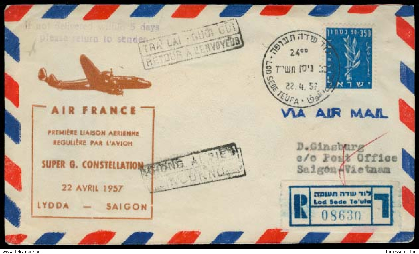 INDOCHINA. 1957 (22 April). Israel. Lydda - Saigon. First Flight. Fkd Env + Retour. - Autres - Asie