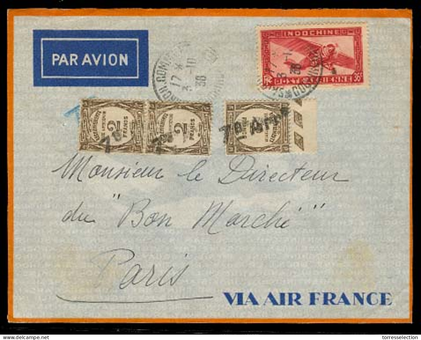 INDOCHINA. 1936. Saigon - France. Air Fkd Env + Taxed + 3 X 2 Fr Incl Border / Tied 7º Arriv Stline. Fine. - Autres - Asie