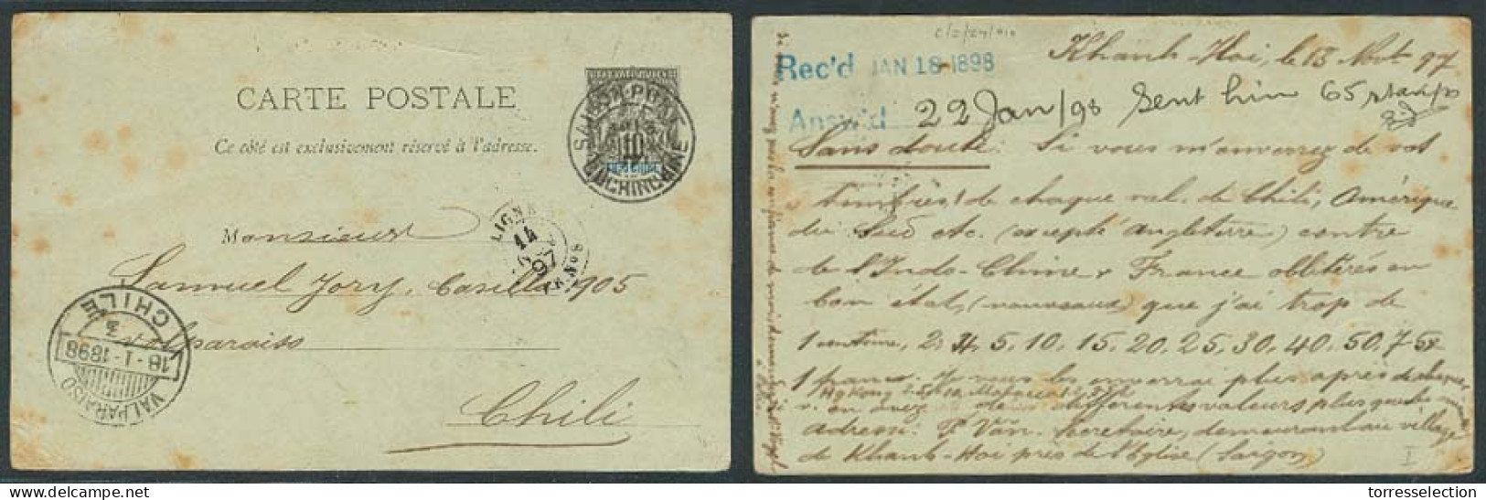 INDOCHINA. 1897 (13 Nov). Khanh - Hoy - Chile (18 Jan 98). 10c Indochina Stat Card / Cds Via Ligne N / Paq Fr Nº8 + Arri - Autres - Asie
