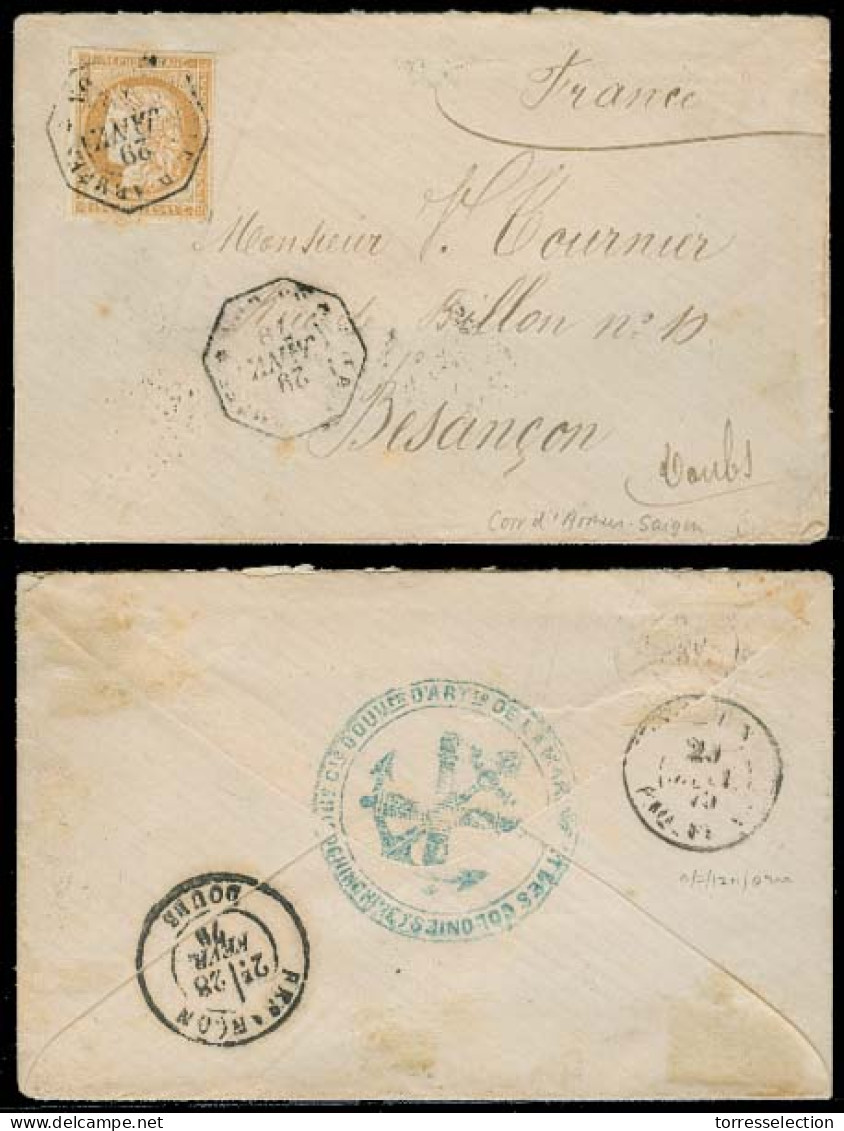 INDOCHINA. 1879 (29 Jan). Saigon - France. Small Env Fkd 15c Bister V Good Margins All Around, Tied Hexag "Corr. Des Arm - Autres - Asie