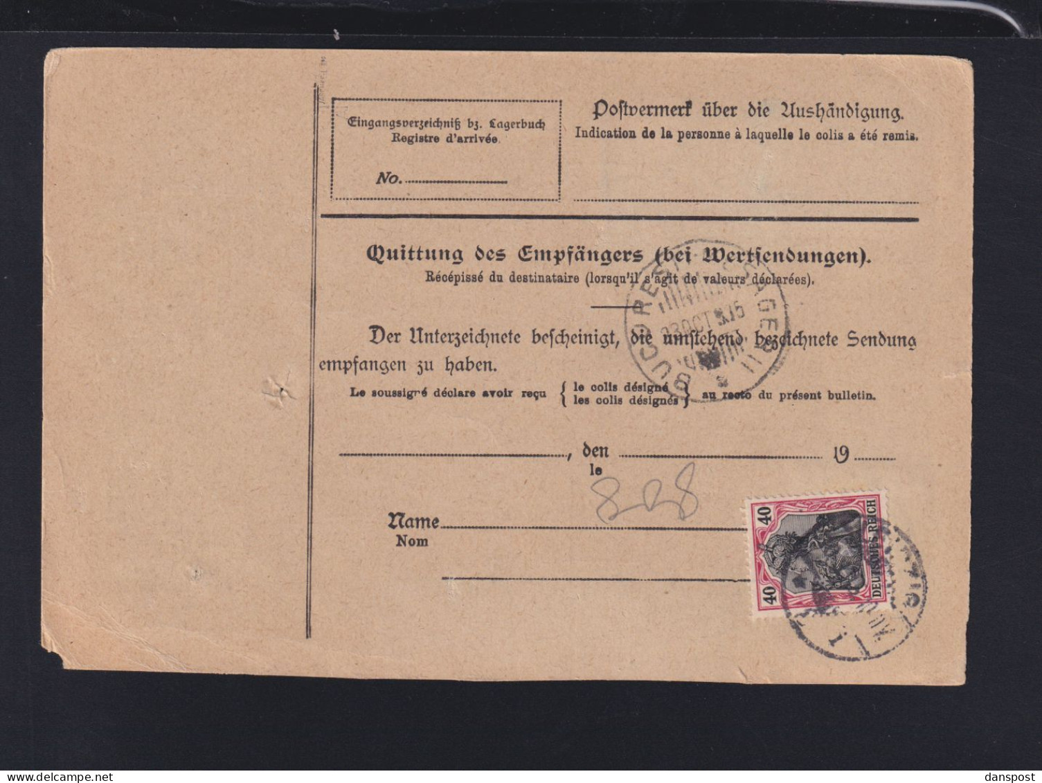 Dt. Reich Paketkarte 1915 Leipzig Nach Rumänien Romania Fiskal - Brieven En Documenten