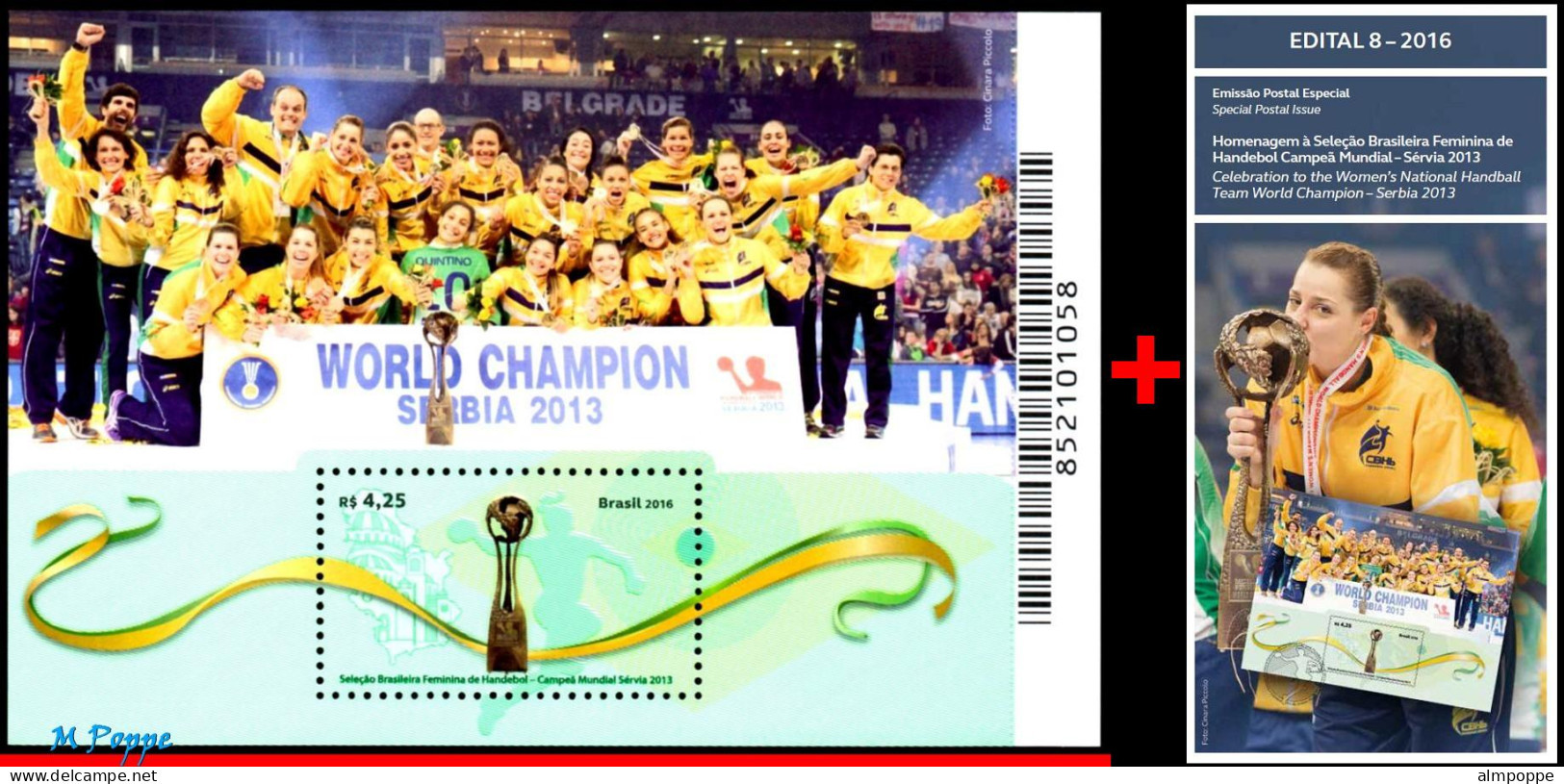 Ref. BR-V2016-10+E BRAZIL 2016 - TRIBUTE FEMALE HANDBALL,WORLD CHAMPION IN 2013, S/S MNH + EDICT, SPORTS 1V - Handball