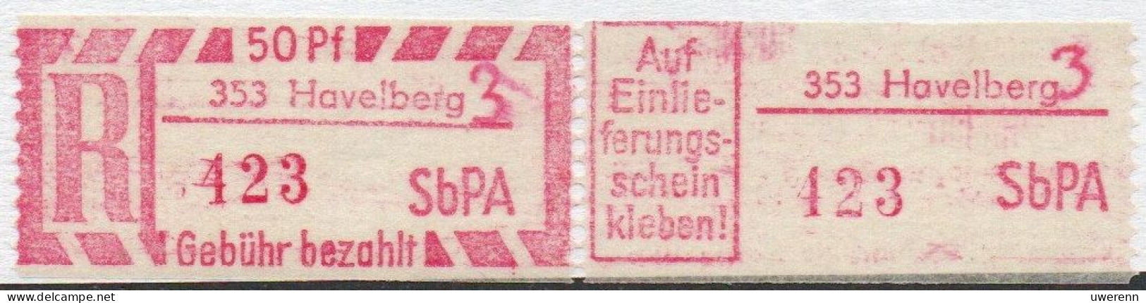 DDR Einschreibemarke Havelberg SbPA Postfrisch, EM2B-3:353II(H) Zh - Labels For Registered Mail