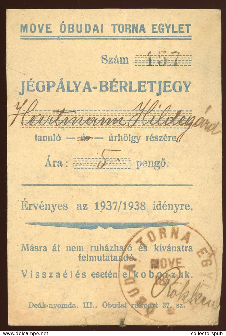 MOVE Óbudai Torna Egylet, Tenisz és Jégpálya Bérlet 2db 1938-40. - Unclassified