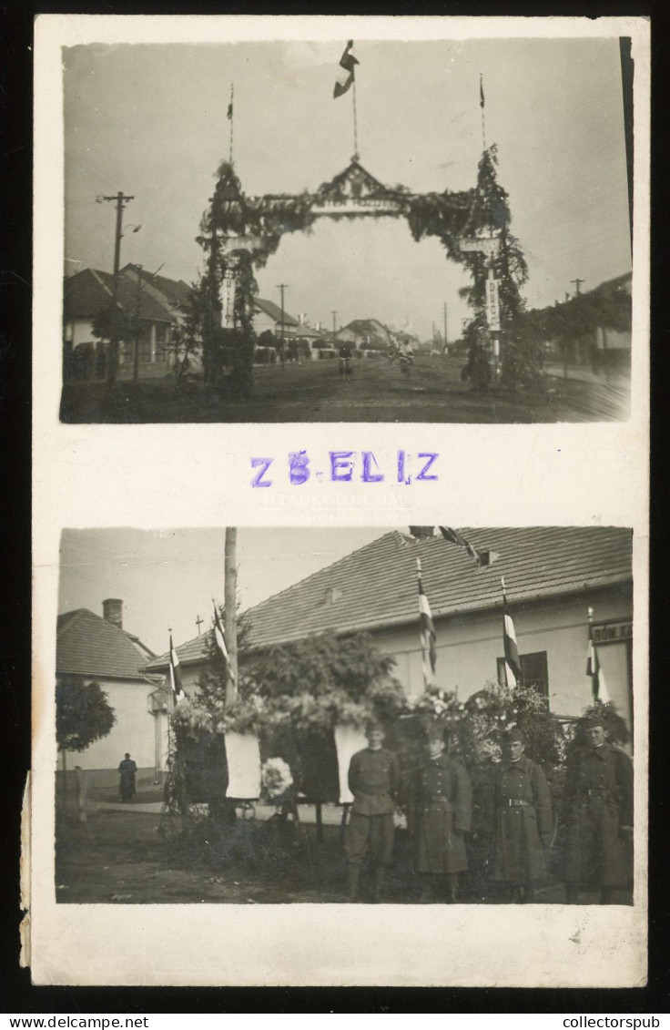 1938 Zselíz, Zeliezovice; Bevonulás, Magyar Katonák Csoportképe, Díszkapu, Fotós Képeslap - War, Military