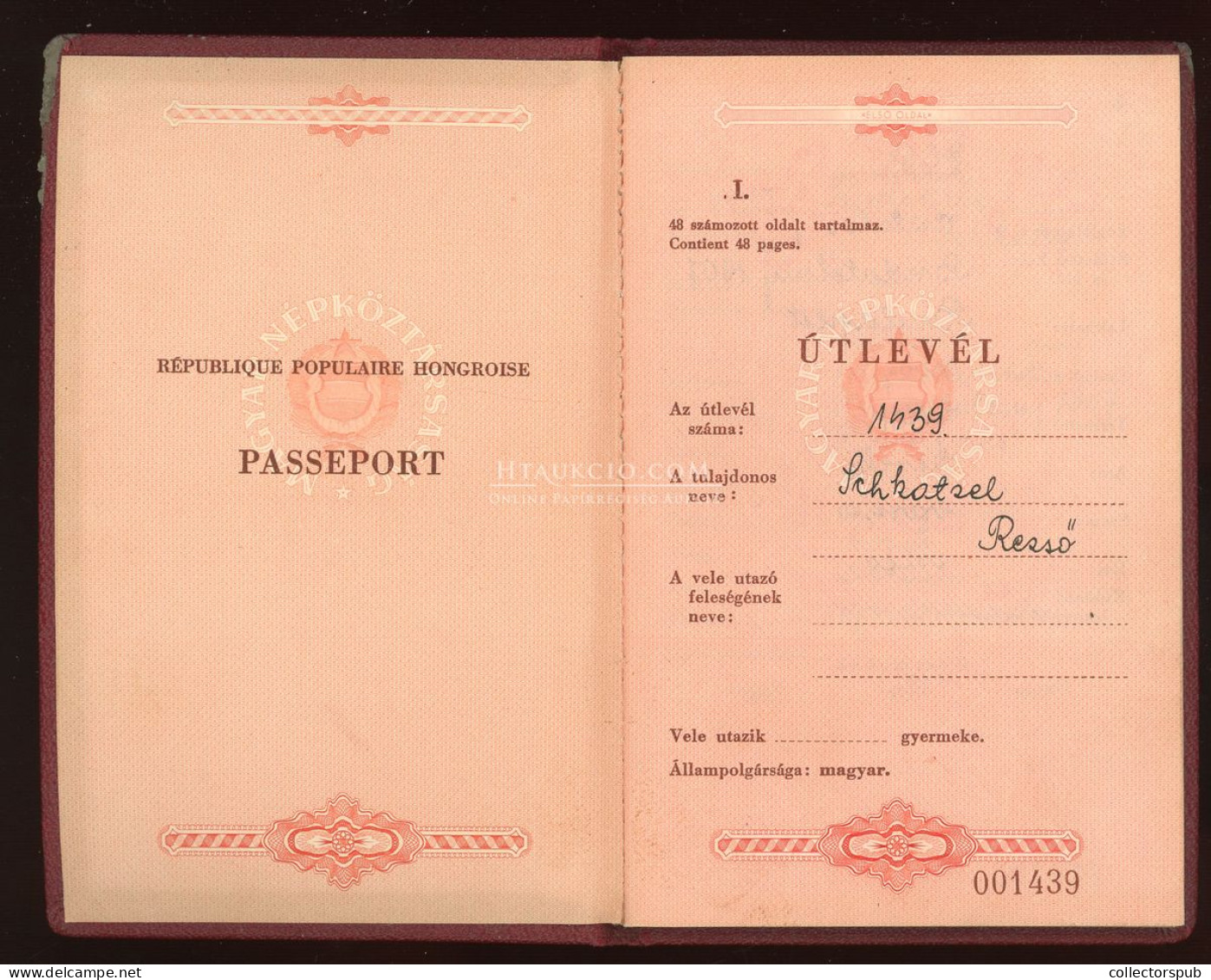 ÚTLEVÉL 1958. Magyar Népköztársaság PASSPORT - Sin Clasificación