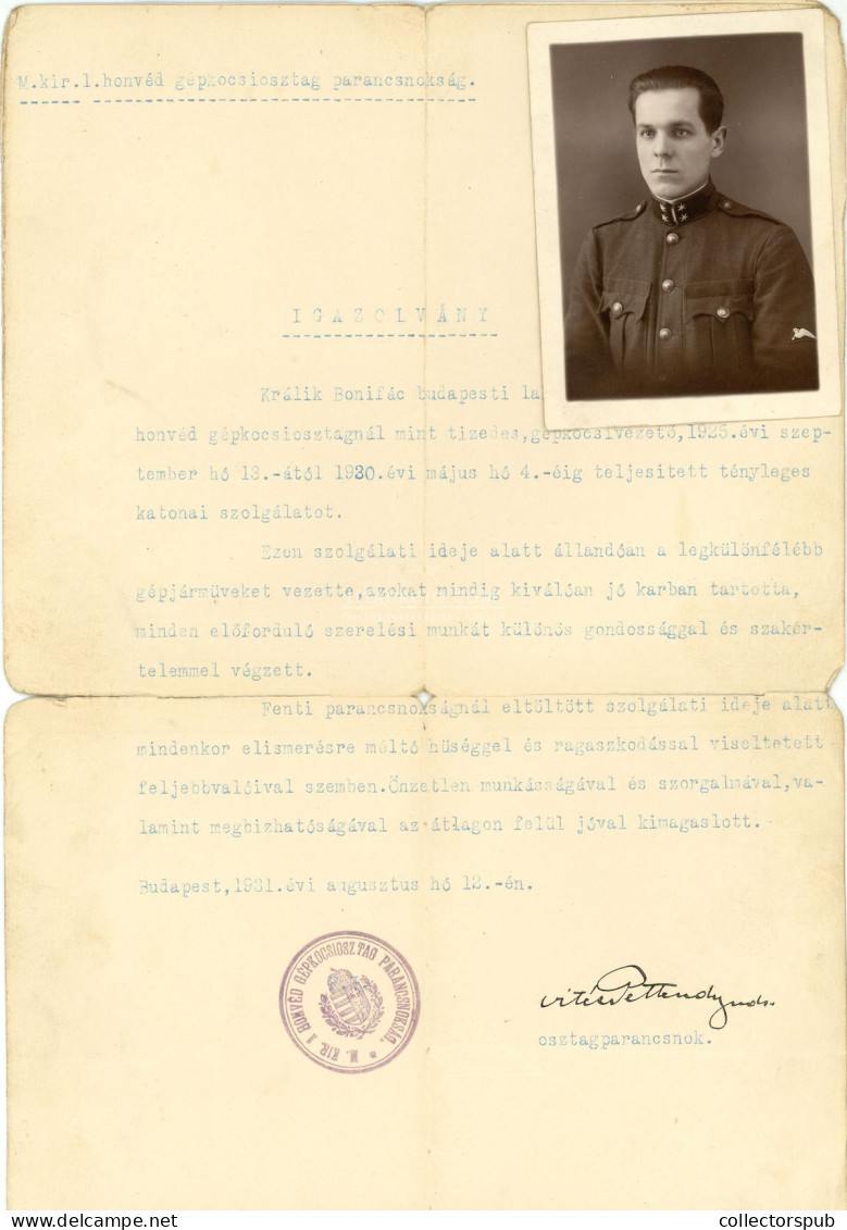 1931-41. Králik Bonifác Gépkocsizó Tanosztály 4 Db Irat + Fénykép, Az Egyiken Vitéz Pettendy Elemér Aláírás - Krieg, Militär