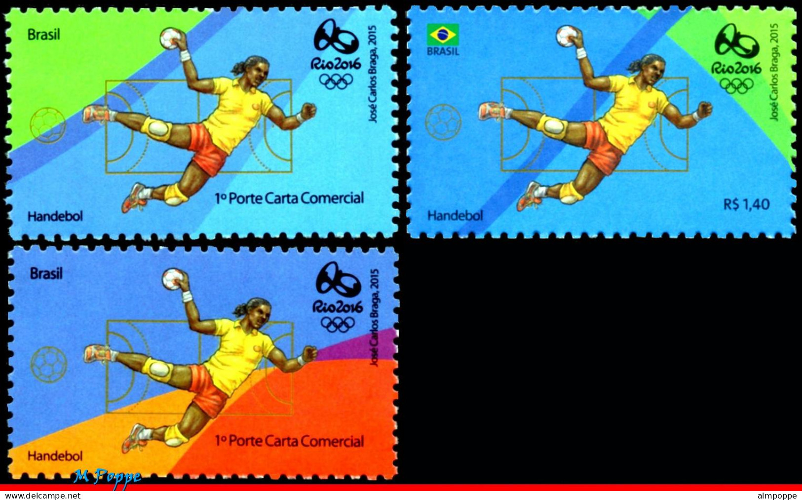 Ref. BR-OLYM-E20 BRAZIL 2015 - OLYMPIC GAMES, RIO 2016,HANDBALL, STAMPS OF 2ND & 4TH SHEET, MNH, SPORTS 3V - Sommer 2016: Rio De Janeiro