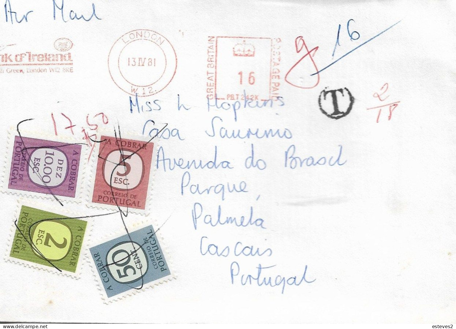 Letter From Bank Of Ireland London To Portugal With Postage Dues , 1981 - Post