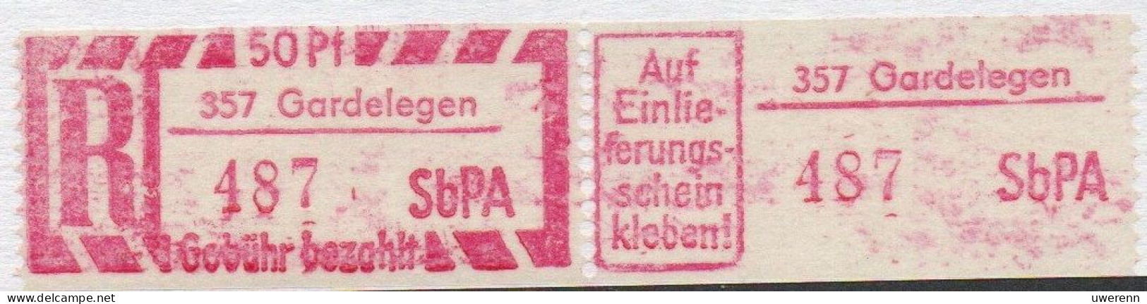 DDR Einschreibemarke Gardelegen SbPA Postfrisch, EM2B-357II(1) Zh - R-Zettel