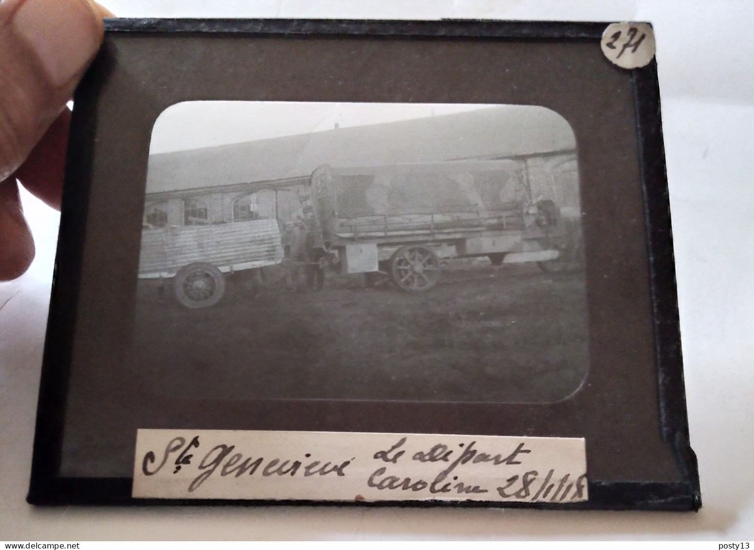 Guerre 14-18 - Plaque Verre Positif 8,5 X 10 - Ste Geneviève 1918 - Le Départ - Camions - TBE - TBE - Diapositivas De Vidrio