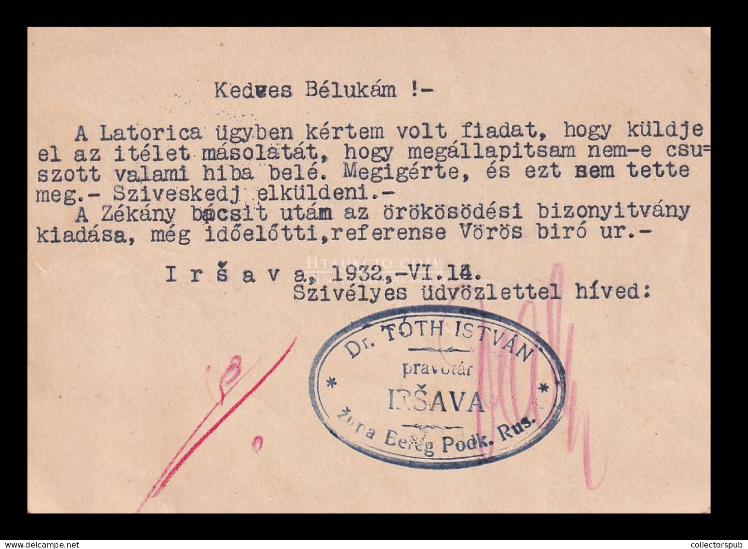 ILOSVA / IRSAVA 1932. Díjjegyes Levlap, Kétnyelvű Bélyegzéssel - Ucrania