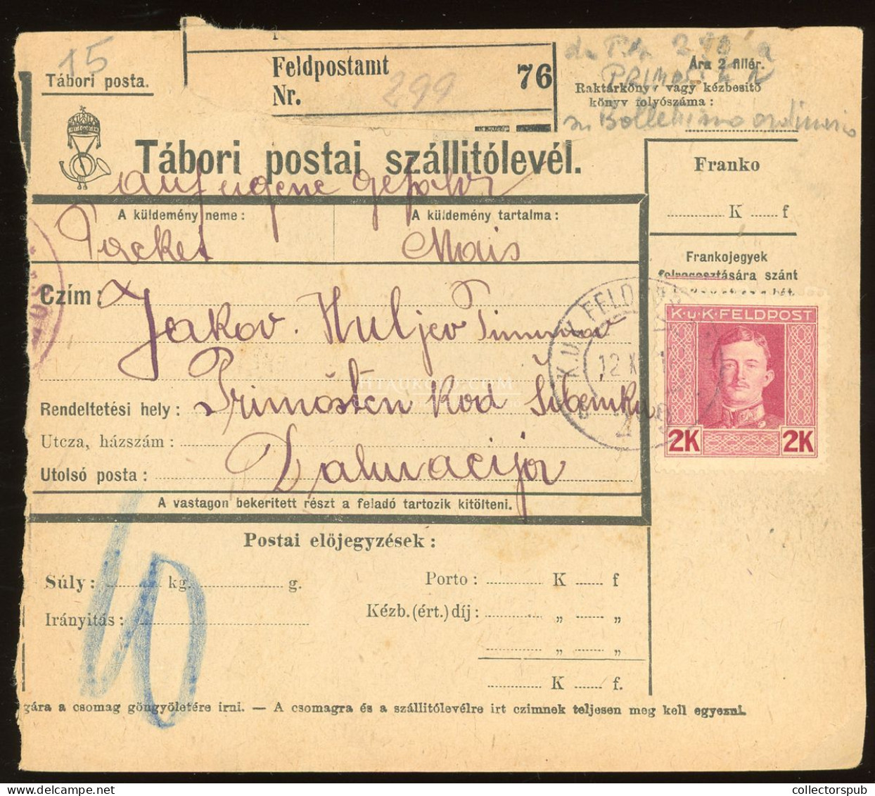 I. VH Tábori Csomagszállító FP 76 1918 - Covers & Documents
