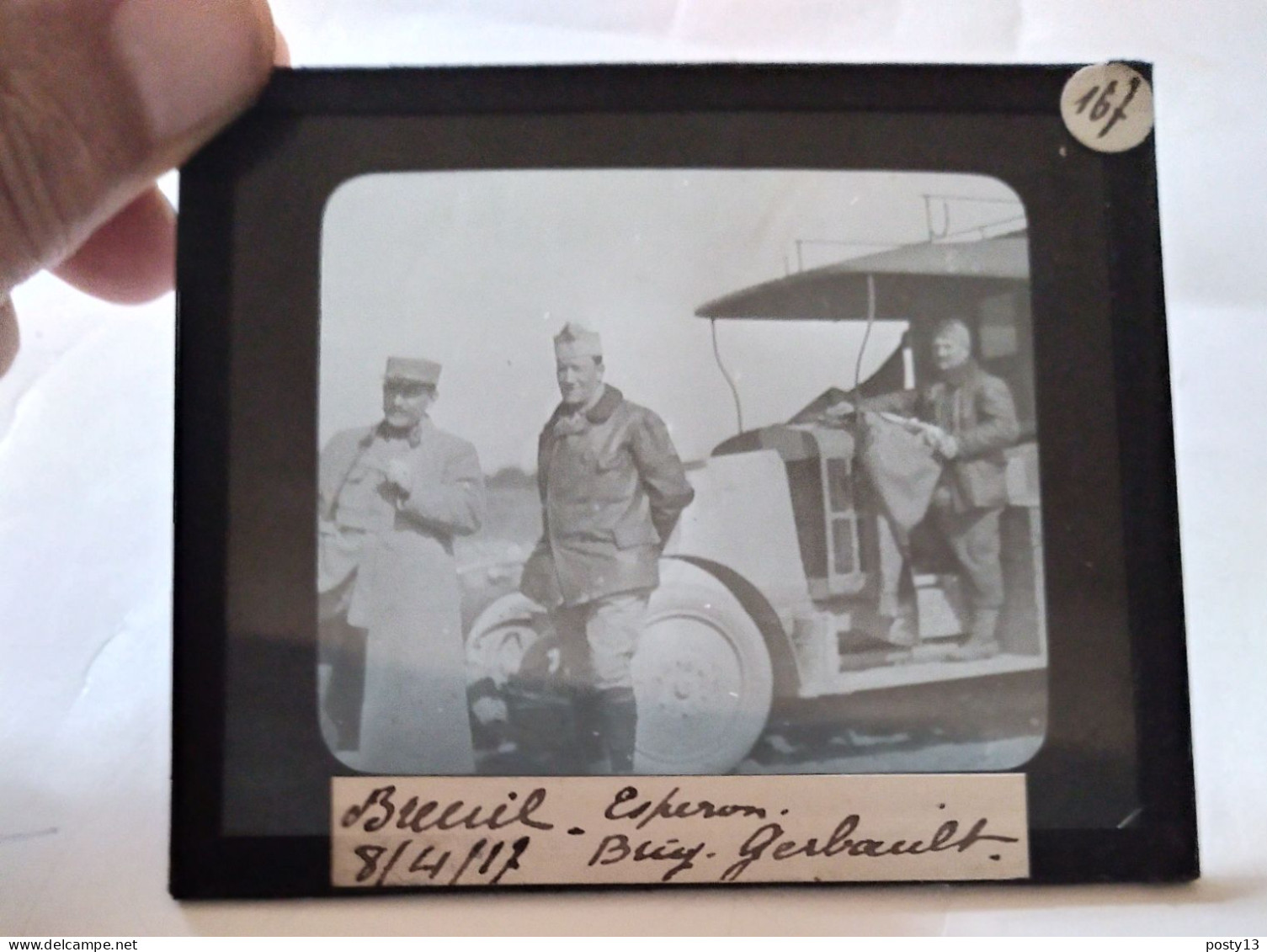 Guerre 14-18 - Plaque Verre Positif 8,5 X 10 - Breuil 1917 - Groupe De Soldats Véhicule - - TBE - Diapositivas De Vidrio