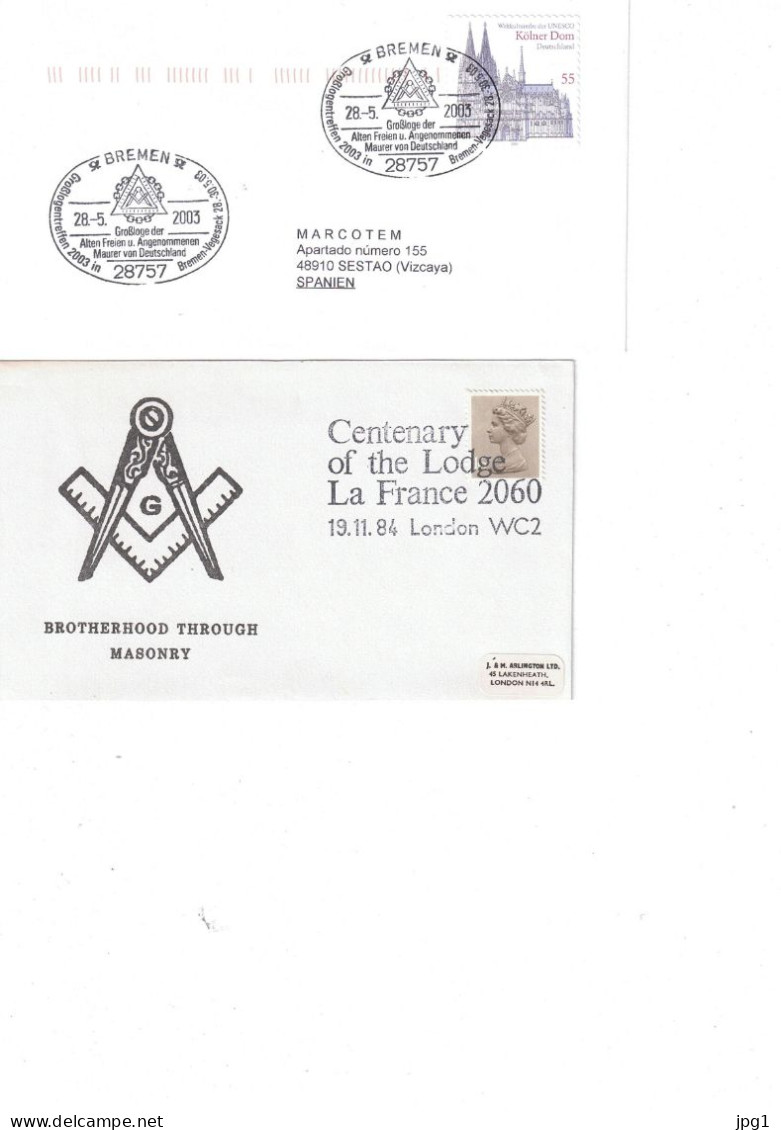 FRANC-MACONNERIE : 2 Enveloppes Avec Symboles; 1984 Et 2003 - Freemasonry