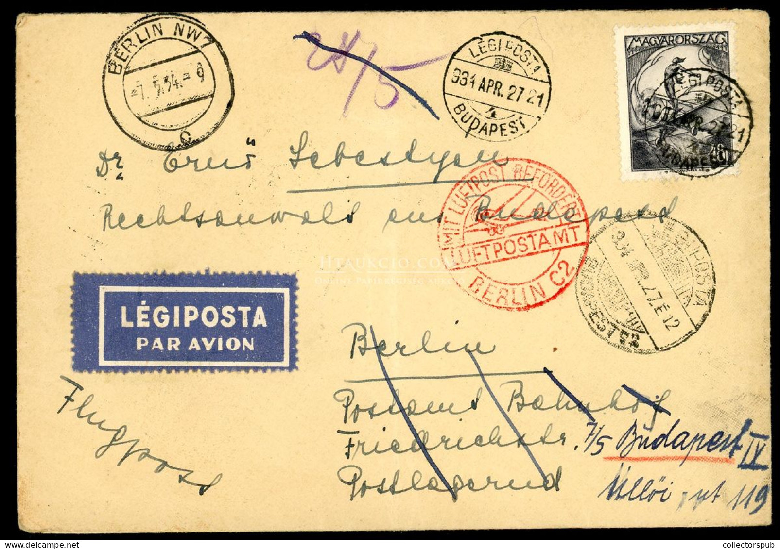 BUDAPEST 1934. Légi Levél Berlinből Visszaküldve - Lettres & Documents