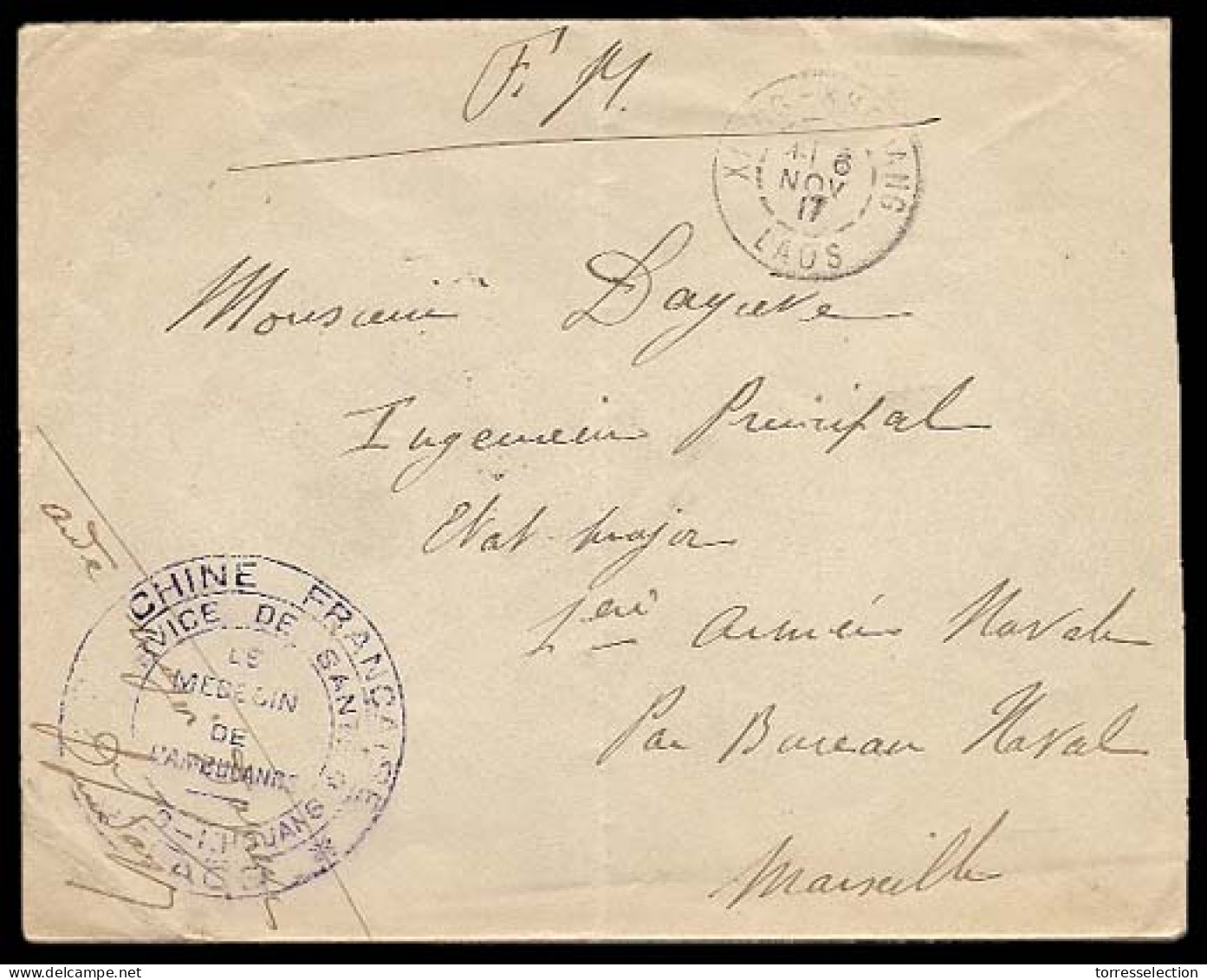 LAOS. 1917.  Xing-Khonang To Marseille.  F.(ranchise) M.(ilitaire).  Military Mail With Violet Cachet Indochina Franchai - Laos