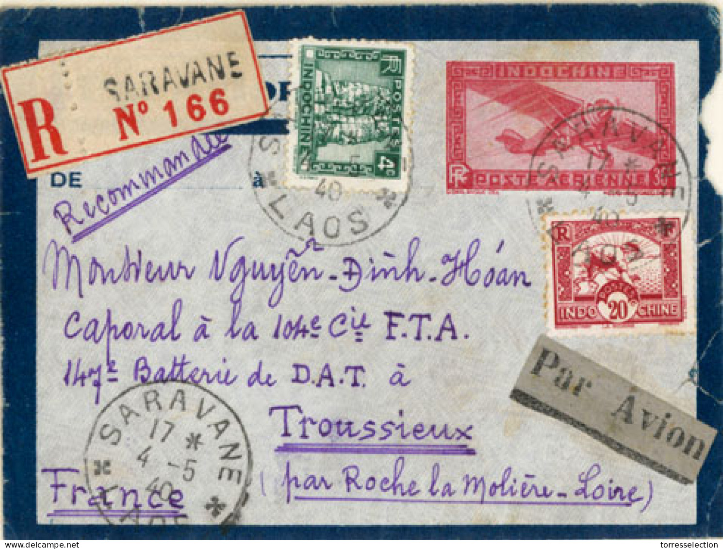 LAOS. 1940. Saravane To Troussieux/France. Small Registered Indochina Stationery 30c Red/Poste Aeriene With Additional 4 - Laos