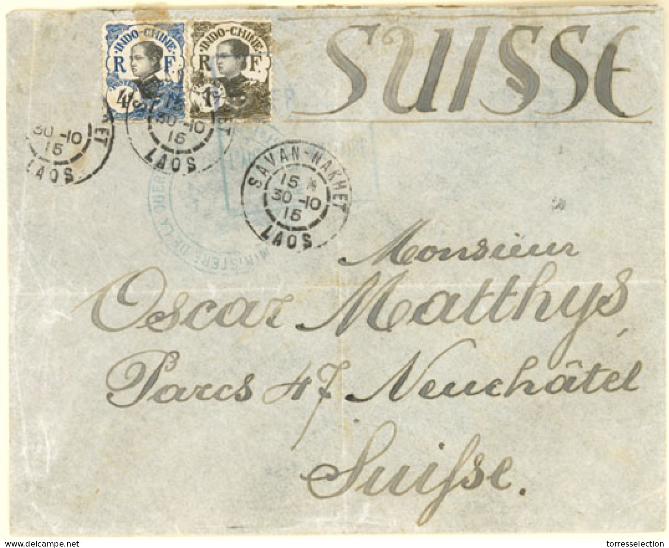 LAOS. 1915. (30 Oct) Savan-Nakhet To Neuchatel/Switzerland. Envelope Bearing 1c And 4c Indochina (Sc. 41,43), Tied C.d.s - Laos