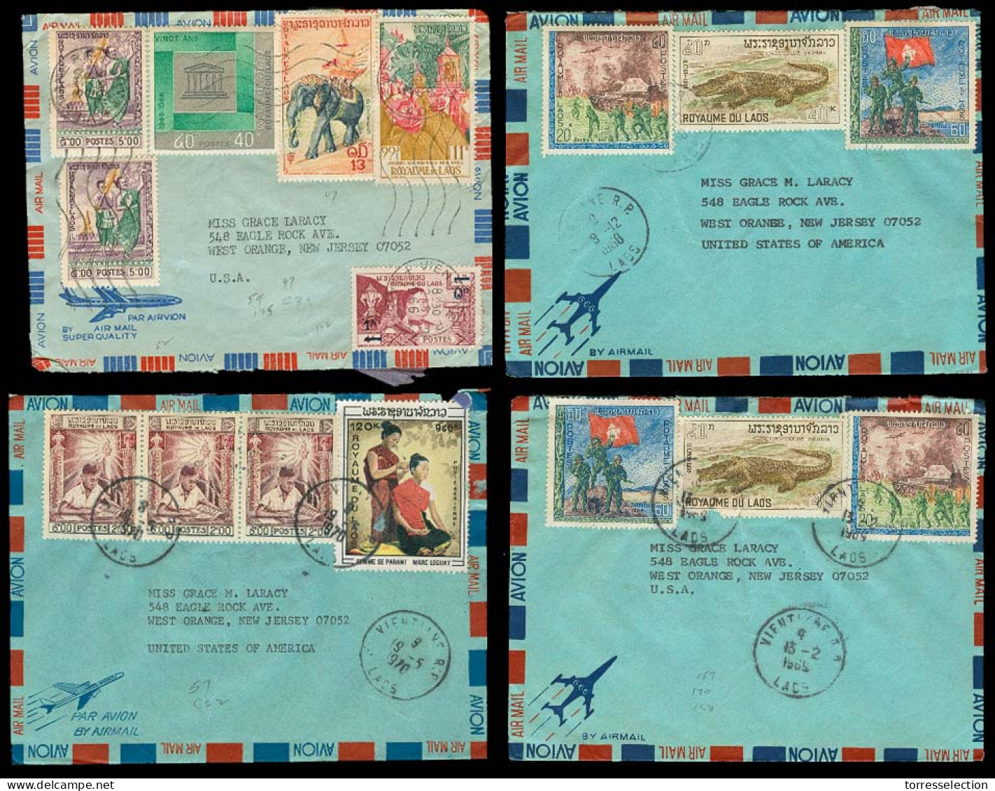 LAOS. 1966. Vientiane - USA. 4 Diff Airmail Multiple Fkgs / Thematics, Crocodile + Soldiers Stamps + Tanks. Nice Group. - Laos