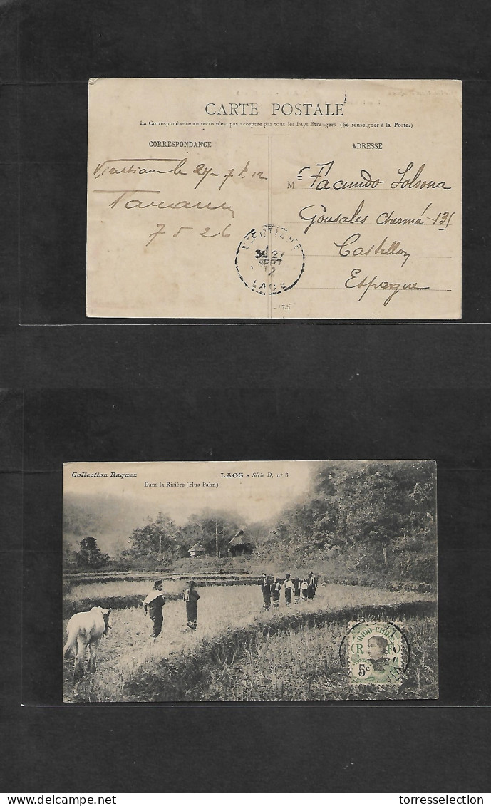 LAOS. 1912 (24 July) Vientiane - Spain, Castellon Plana. Fkd Ppc, Rarity Destination. Small Coastal Spanish Village Dest - Laos