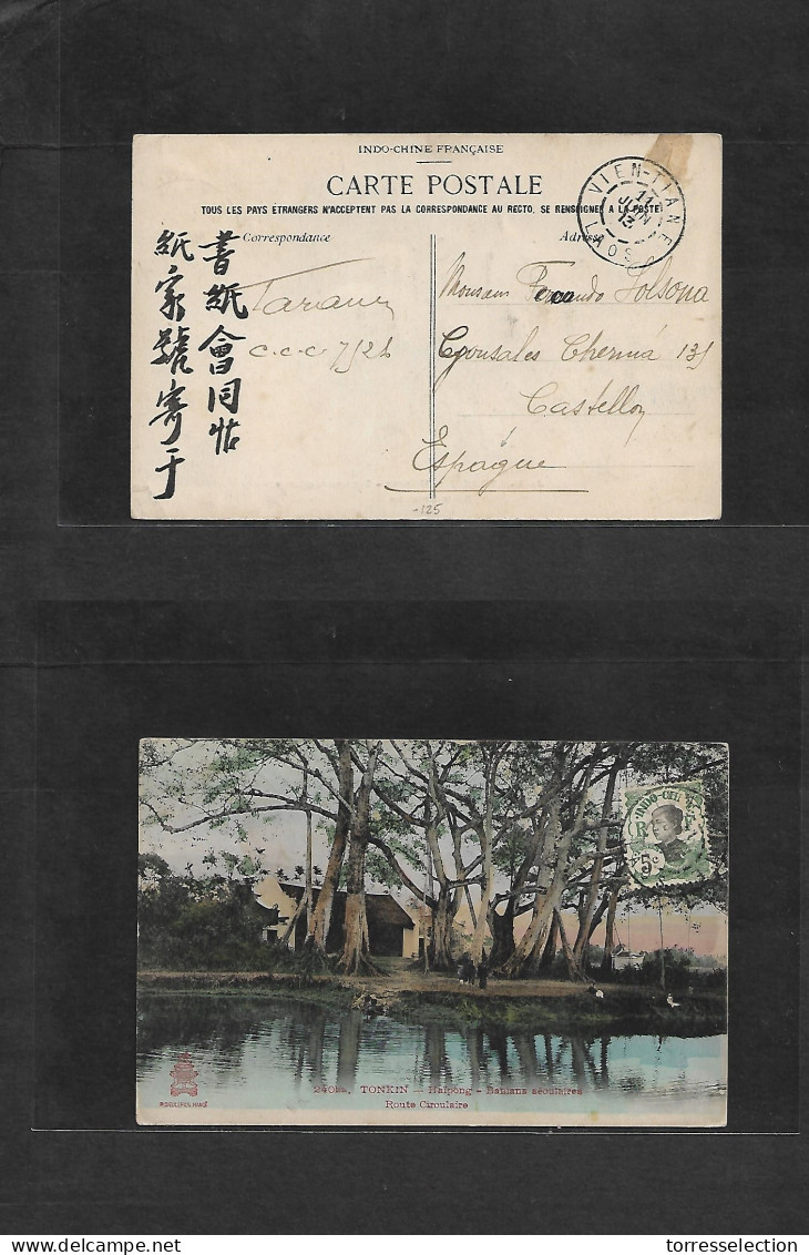 LAOS. 1913 (11 June) Vientianne - Spain, Castellon De La Plana. Reverse Fkd Ppc. Rarity Destination. Small Coasted Villa - Laos