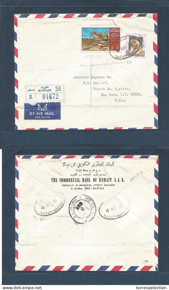 KUWAIT. 1971 (4 Aug) Safat - USA, NYC (6 Aug) Registered Air Multifkd Env. R - Label + Air. - Koweït