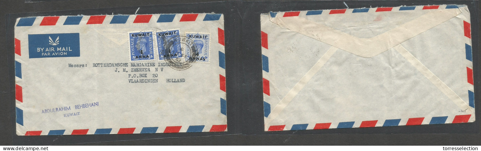 KUWAIT. 1952 (12 Feb) GPO - Netherlands, Vlaardingen. Air Multifkd Env, Ovptd Usage Tied Cds. Comercial Envelope. Abdulr - Kuwait