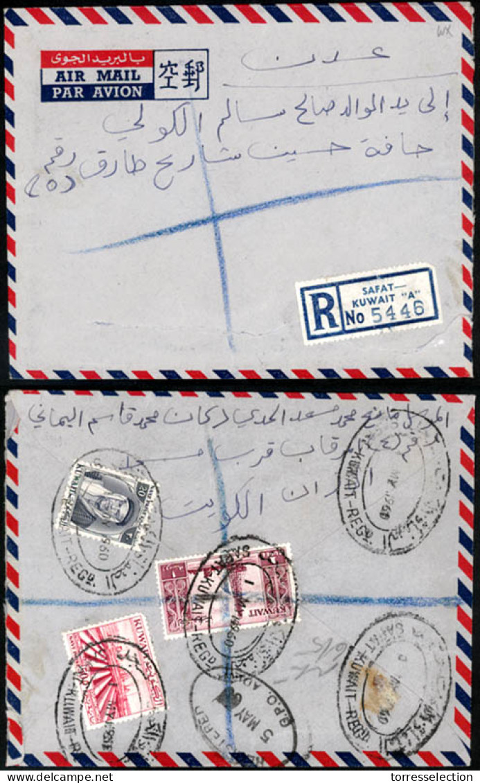 KUWAIT. 1960 (May 1st). Safat To Aden (5 MAy). Registered Multifranked On Reverse Airmail. VF. - Koweït