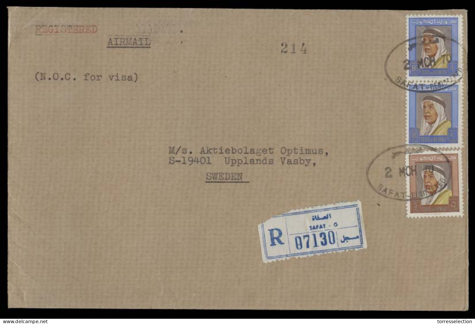 KUWAIT. 1970 (2 March). Safat - Sweden. Air Reg Multifkd Env. - Kuwait