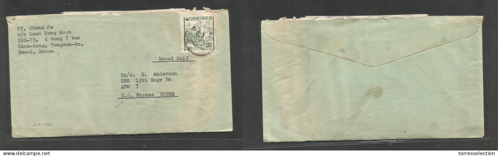 KOREA. 1964 (1-15 Sept) Seoul - Apo 7, US Forces. Fkd Env Single 4,00 M With Contains Love Letter, Signed Tsu. Local Mai - Korea (...-1945)