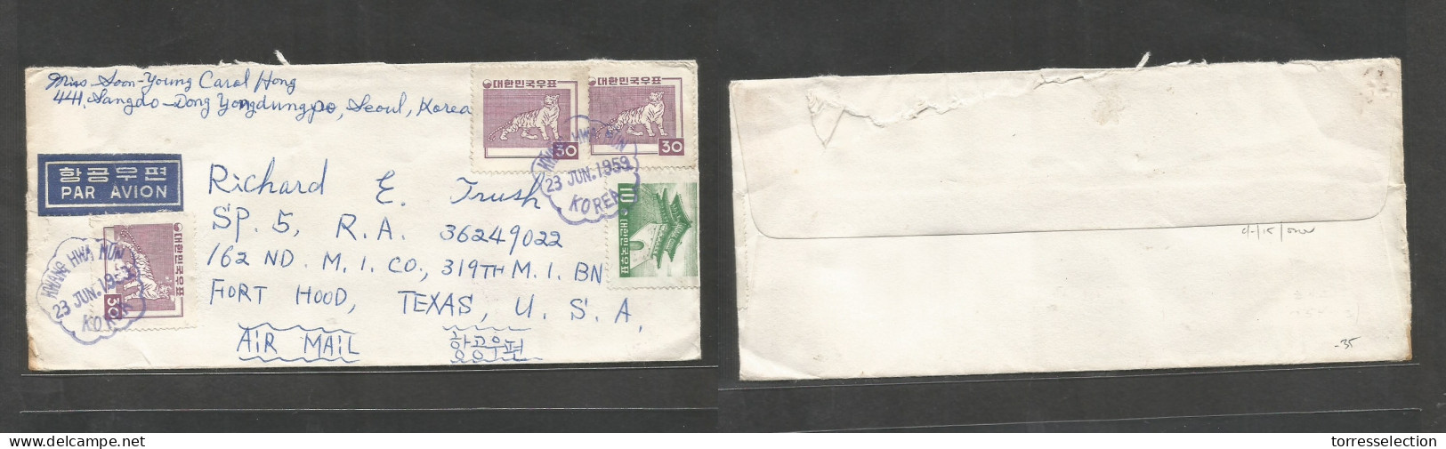 KOREA. 1959 (23 June) Kwang Hwa Nun - USA, Texas, Fort Hood. Military Mail. Air Multifkd Env, Tied Violet Cachet. VF Mul - Corea (...-1945)