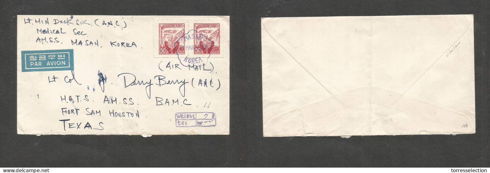 KOREA. 1959 (21 March) Masan - USA, TX, Fort Sam, Houston. ANC Medical Section. Air Multifkd Envelope, Aux "Weight" Cach - Corée (...-1945)