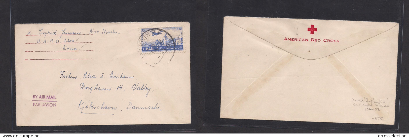 KOREA. 1952 (Nov 23) Danish Ship Hospital "Jutlandia" In Korea. American Red Cross Printed Envelope Posted At Lebanon By - Corée (...-1945)