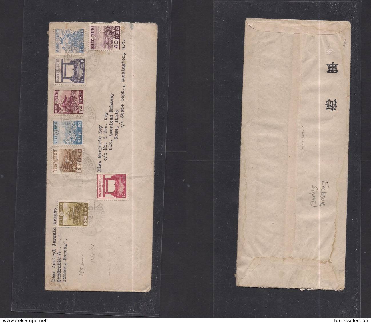 KOREA. 1945 (12 Aug) Nippon Late Postal Dates. US Liberation Army. Multifkd Env To Italy, Rome Via State Dept Washington - Corea (...-1945)